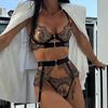Luxury Black Flower Embroidery Lingerie 4PCS Sets Fancy Mesh Transparent Metal Buckle Bra Thong Garter Erotic Hot Hot Lingerie