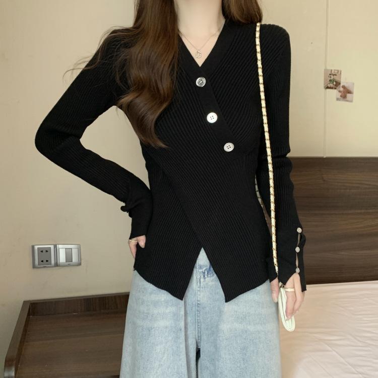 Koreanische Kpop V-Ausschnitt Solide Pullover Herbst Schlanke Taille Split Tops Frauen Langarm Bodenbildung Gestrickter Pullover