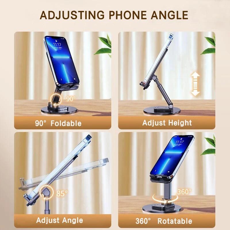 Universal Phone Stand On Desk 360° Rotating Multi-Angle Non-Slip Metal Base Foldable Desktop Holder For iPhone Xiaomi Samsung