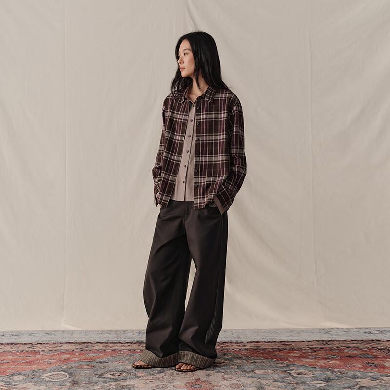 GREEN BELT Women's Wool Blend Plaid Faux Two-Piece Shirt