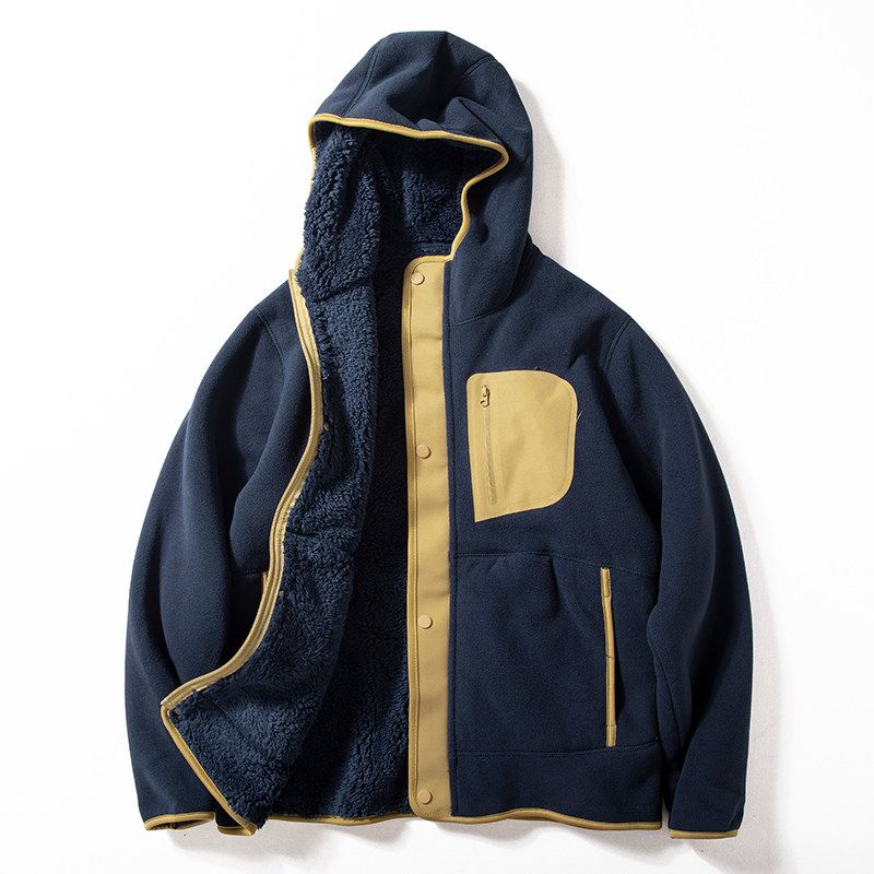 Fleece Jacket for Men, Autumn and Winter 2024 New Style, Contrasting Color Stitching, Casual Hooded Cotton Coat, Fleece-Lined, Thickened, Warm Jacket