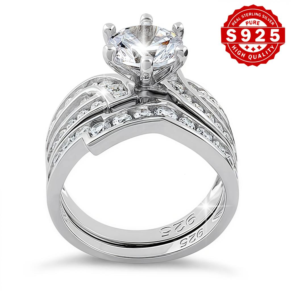 2Set S Silver Fashionable Elegant Engagement Set Ring Inlaid with High-Quality Shiny Synthetic Stones3A Zircon is a perfect jewelry gift for women