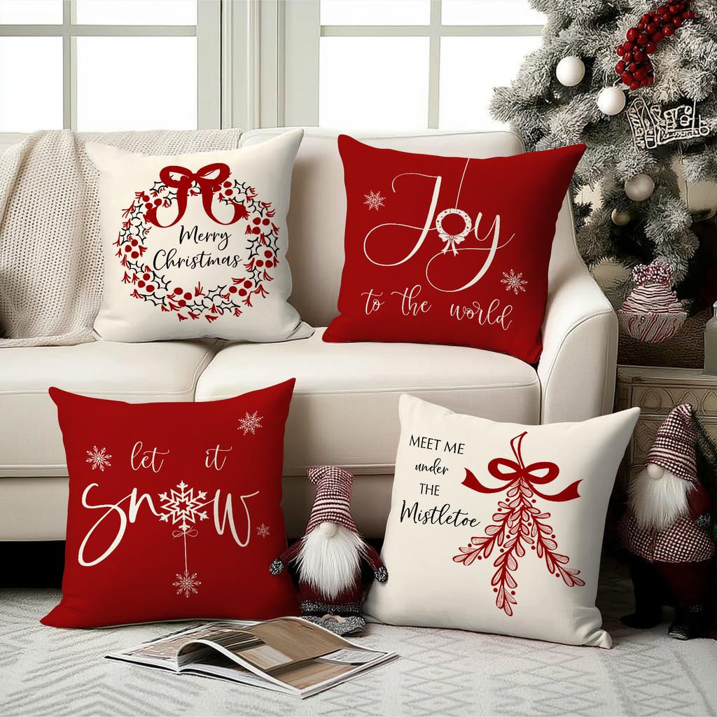 1/4Pcs Red Christmas Pillowcase, Bow Christmas Wreath, Christmas Plant Design Cushion Cover, Farmhouse Christmas Decoration