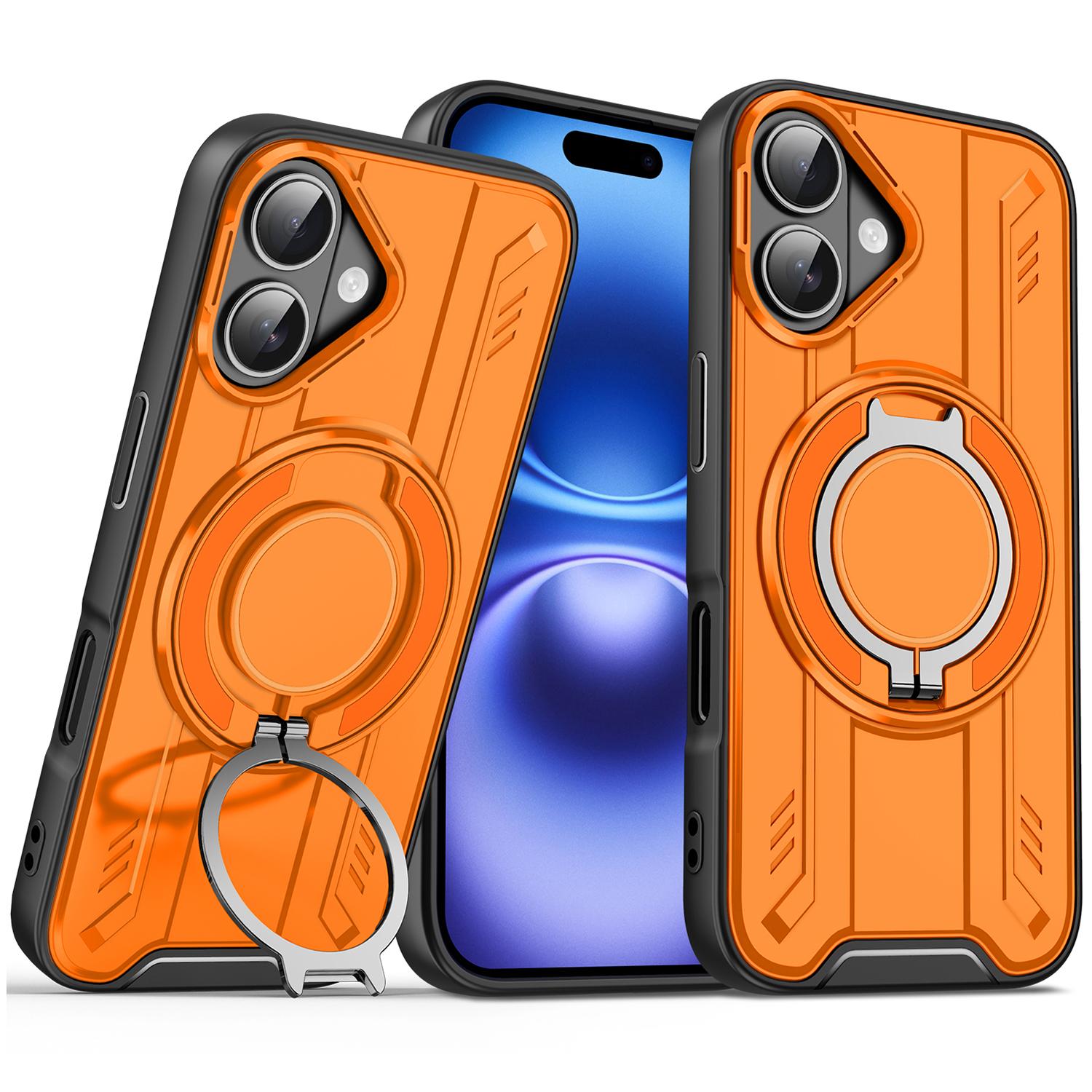 

For iPhone 16 Plus Case Compatible with MagSafe Rotating Ring Kickstand PC+TPU Shockproof Phone Cover Orange