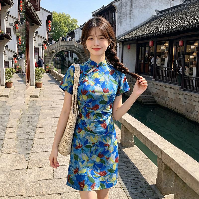 Blue national style new Chinese short improved cheongsam 1011 new young women can wear daily in summer