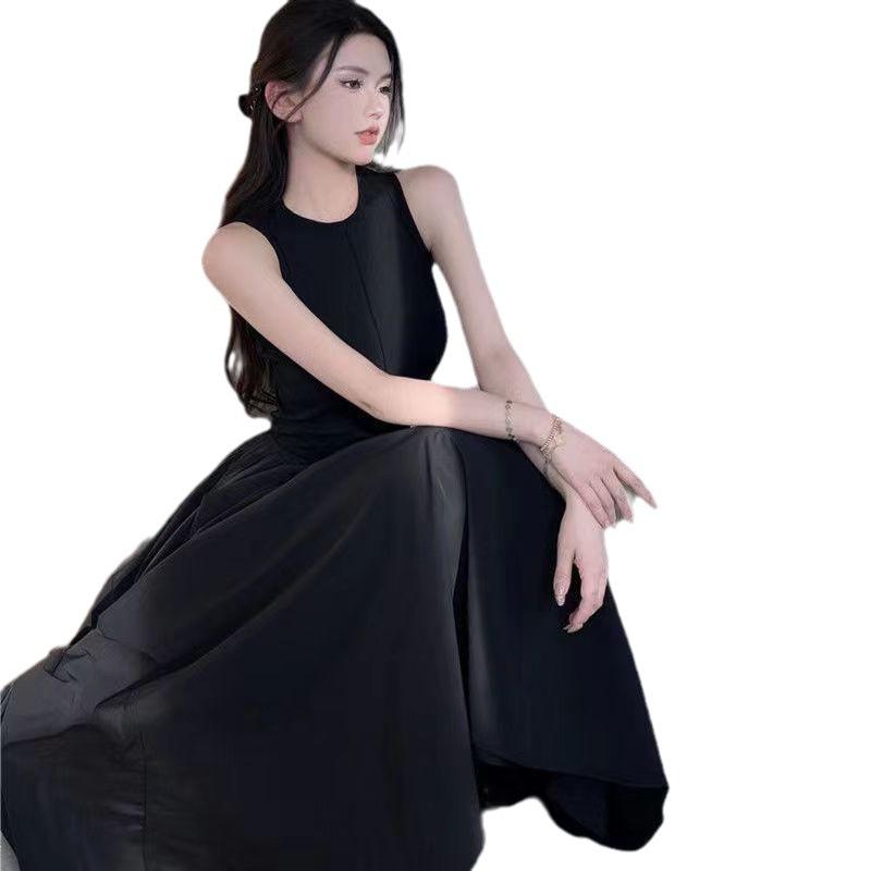 Black Slim Sleeveless Vest Dress Summer New French Hepburn Style Simple Temperament Medium and Long A-shaped Skirt