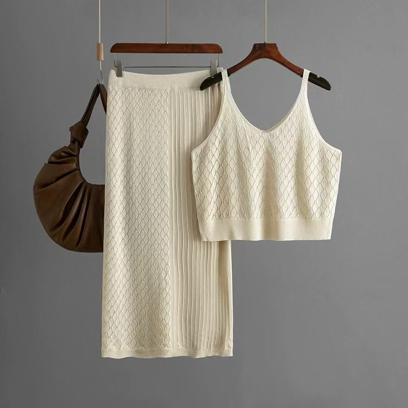 

Western Style Knitted Hollow out Cami Skirt Two-piece Set Knitted Vest and Skirt Set Apricot All yards