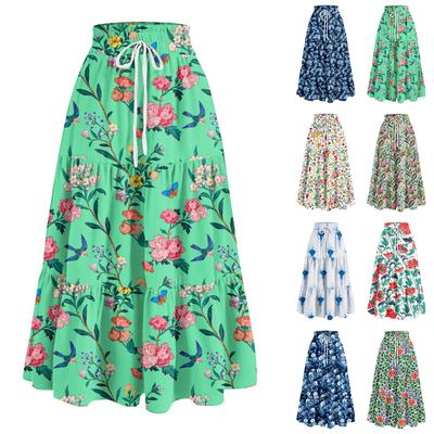 Women's Ruffled Spring Casual Long Skirt Plain Color Skirt Retro Pleated Skirt