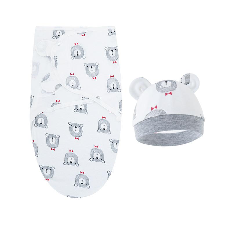 Baby Blanket Hat Set Cartoon Printed Cotton Newborn Swaddle Adjustable Infant Blankets Wraps Applicable All Seasons 0-6 Months