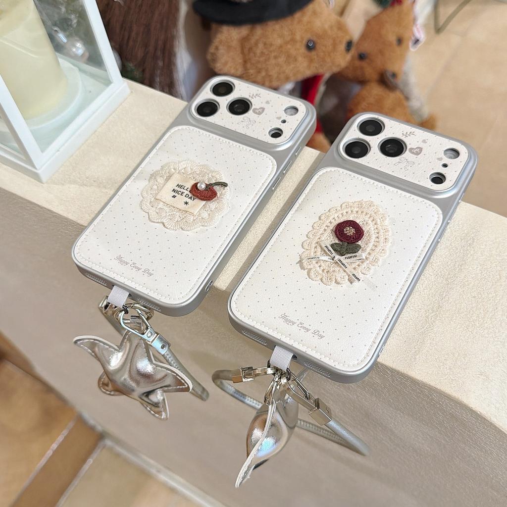 White Leather Red Flower and Lace Bow Decoration with Wrist Lanyard Phone Cover Case for IPhone 17 16 15 14 13 Pro Max Plus