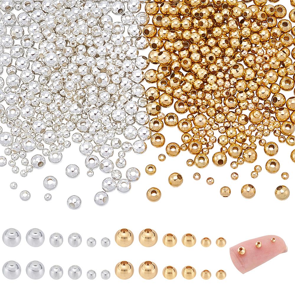 600Pcs 6 Styles Brass Beads, Round, Golden & Silver, 2~4x2~4x2~4mm, Hole: 1.5mm