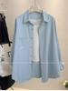 Women's Casual Loose-Fit Blue Twill Shirt Jacket - Long Sleeve, Lapel, Autumn/Winter Trendy Top