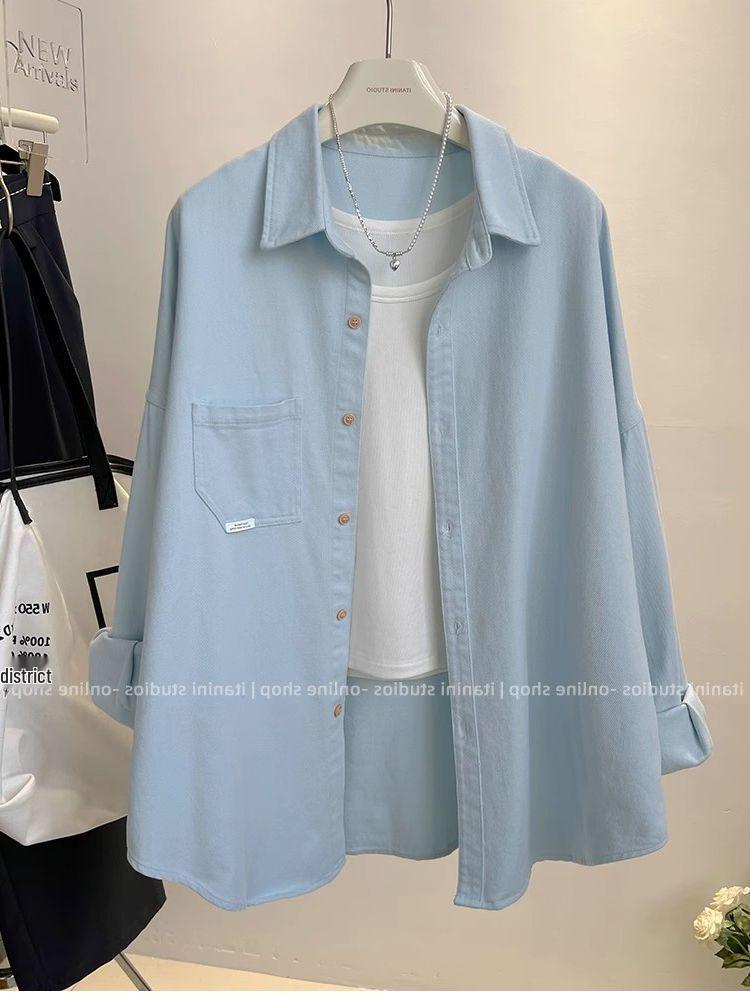 Women's Casual Loose-Fit Blue Twill Shirt Jacket - Long Sleeve, Lapel, Autumn/Winter Trendy Top