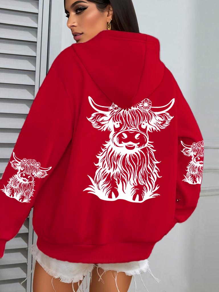 Süßer Haar-Kuh-Cartoon-Druck Kapuzenpullover Damen Fleece Herbst Streetwear Bequemer Lässiger Hoodie Y2K Tasche All-Match Kapuzenpullover