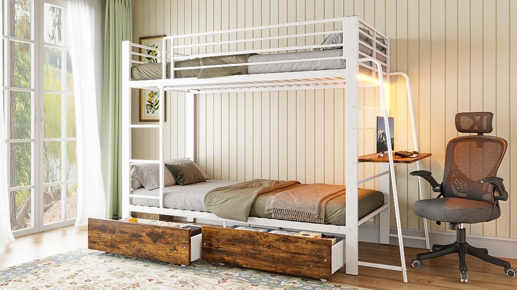 White Bunk Bed 90x200 Cm with Desk, LED Lighting and Storage Drawer, EN747 Certified, 250 Kg Per Level