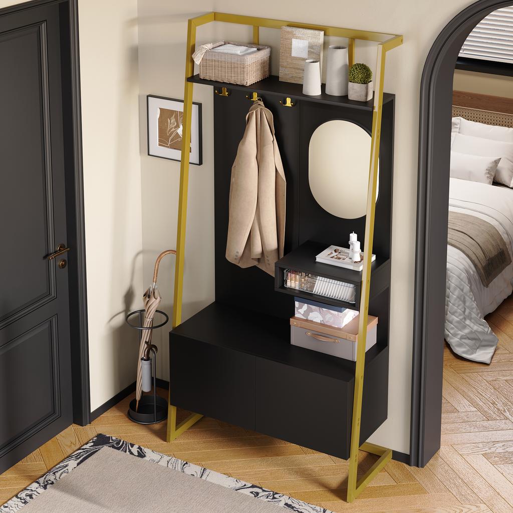 Modern Minimalist Compact Hallway Storage, Open Multifunctional Storage Cabinet with Mirror, Metal Hooks, Coat Rack with Shoe Bench,