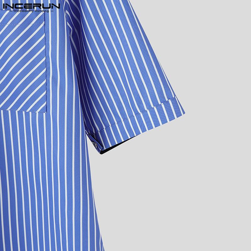 INCERUN Men Collarless Short Sleeve Stitching Striped Casual Shirts Tops