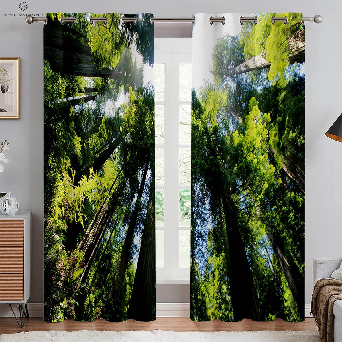 

2 шт. Занавески с 3D-стереопечатью «Лесной пейзаж» на люверсах, 100% полиэстер, декоративные занавески для спальни, гостиной, кухни, окна W70xH100(CM)x2PCS&Grommet Top