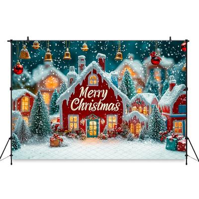 Mocsicka Merry Christmas Photography Background House Tree Snowflake Decorations Child Kids Adult Photo Backdrop Festival Banner