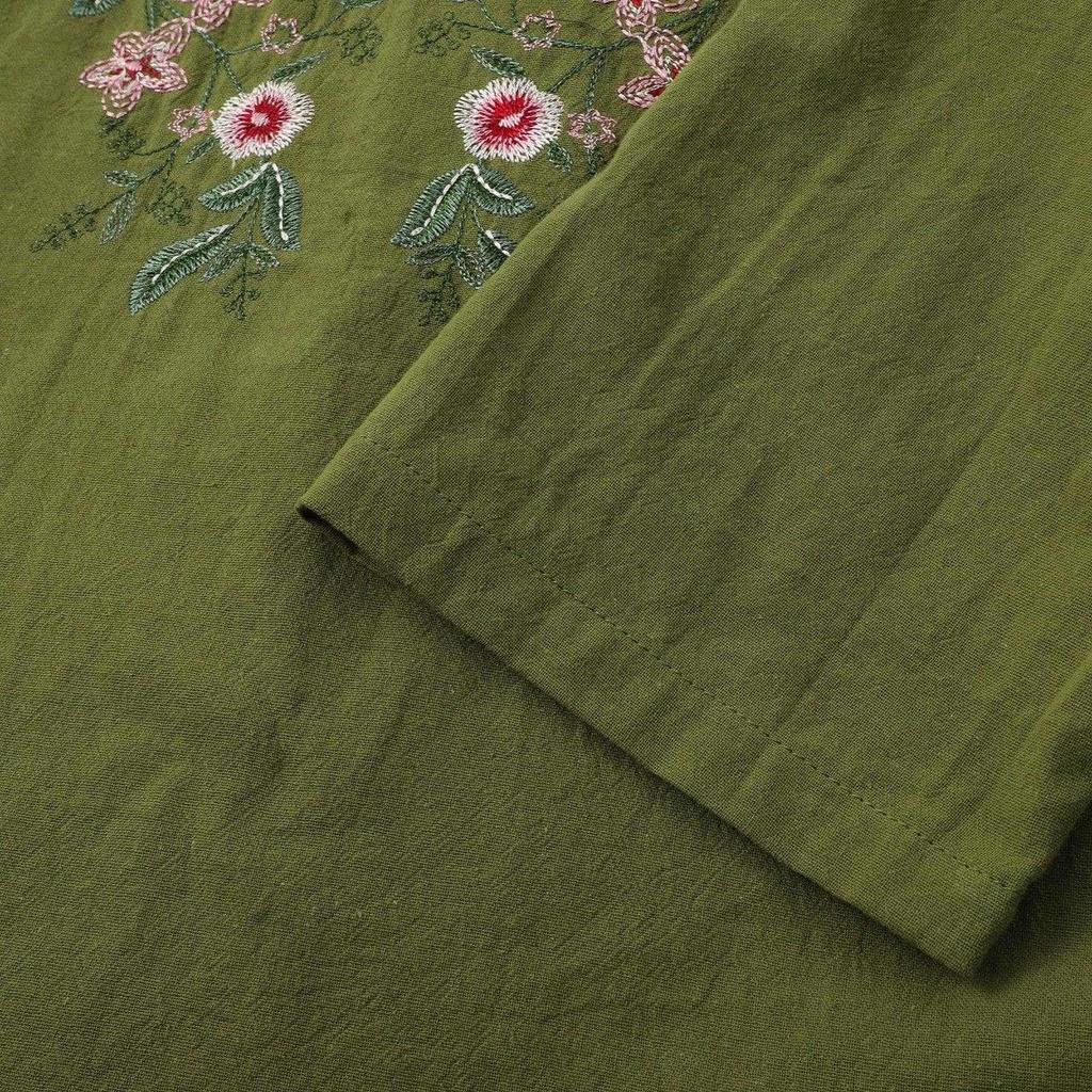 Damen locker geschnittene bestickte Knopfleiste V-Ausschnitt Freizeitbluse Top mit hochkrempelbaren Ärmeln und Blumenmuster für den täglichen Gebrauch