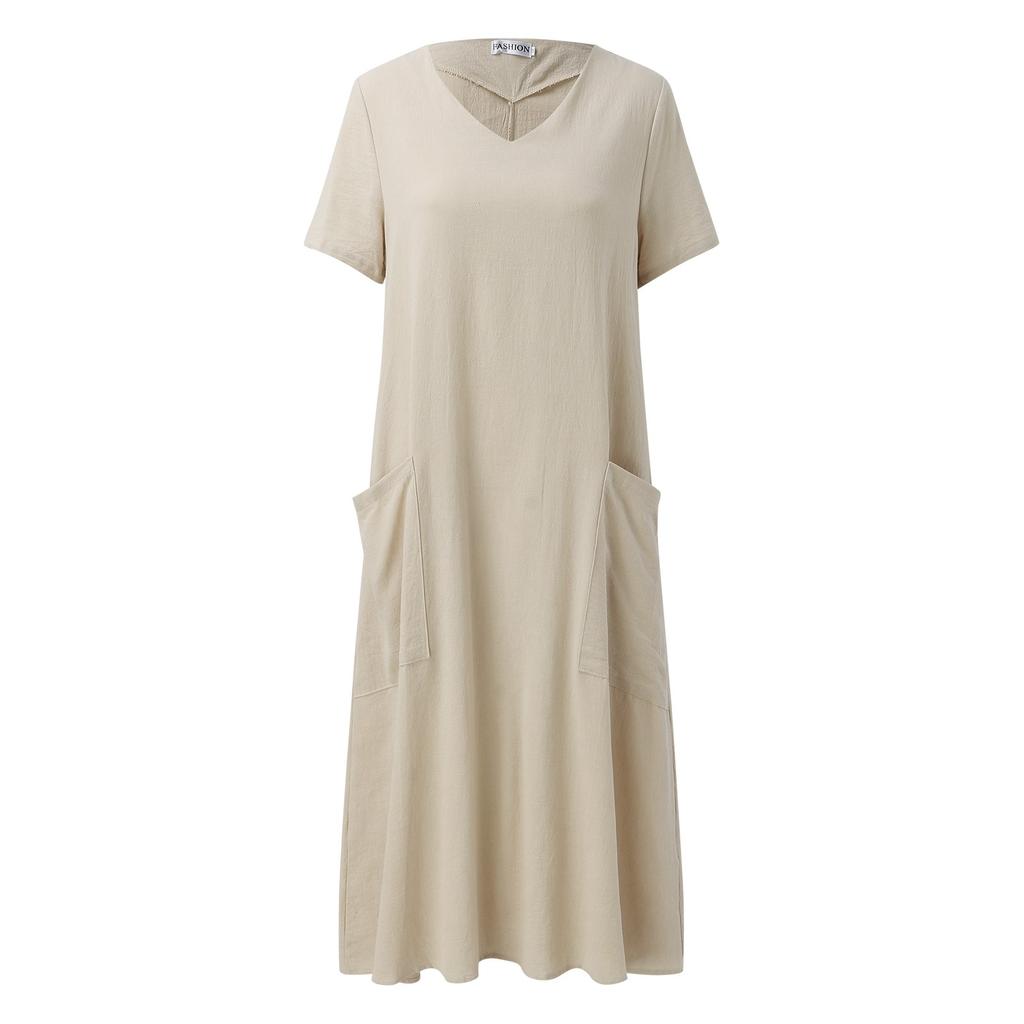 Summer Dresses Qutfits Causal Dress Short Sleeved Cotton Linen V Neck Dress With Pocket Loose Comfy Dresses Vestidos