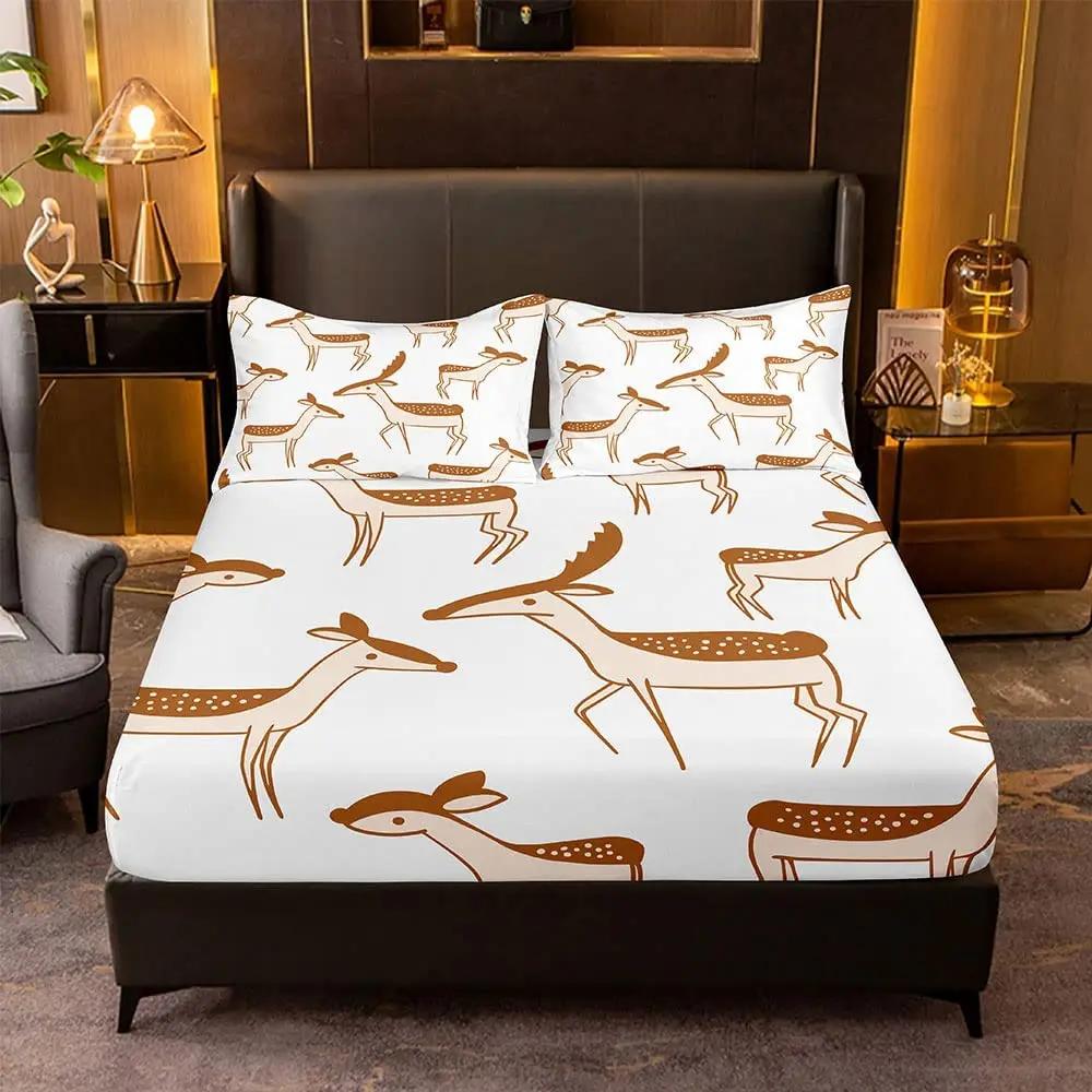 Elk Pattern Fitted Sheet with 2 Pillowcases Forest Deer Wild Animals Bedding Sets Kids Teens Bedroom Bed Cover King Queen Size