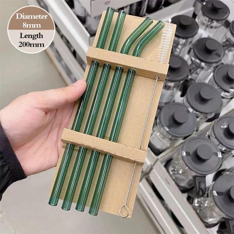 4PCS Reusable Glass Straws Multi-Color Drinking Straw for Milk Tea Juice Cocktail Straight & Bent Straw with Cleaning Brush