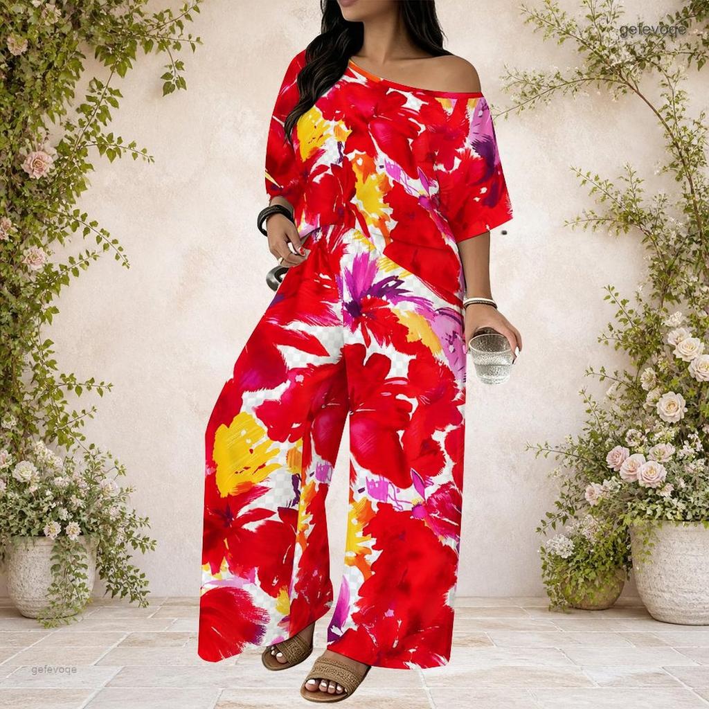 Women Plus Size Two Piece Suit Batwing Sleeve Top Loose Long Pants