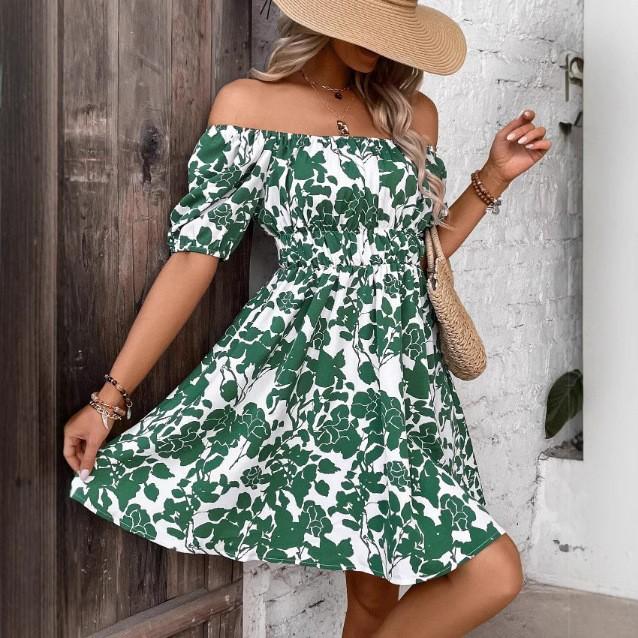 New printed casual off-the-shoulder dress short-sleeved loose floral print dress