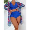 Kvinner tredelt bikinisett Høy midje shorts badedrakter Langermet utskrift Cover Ups Beach Biquinis feminino
