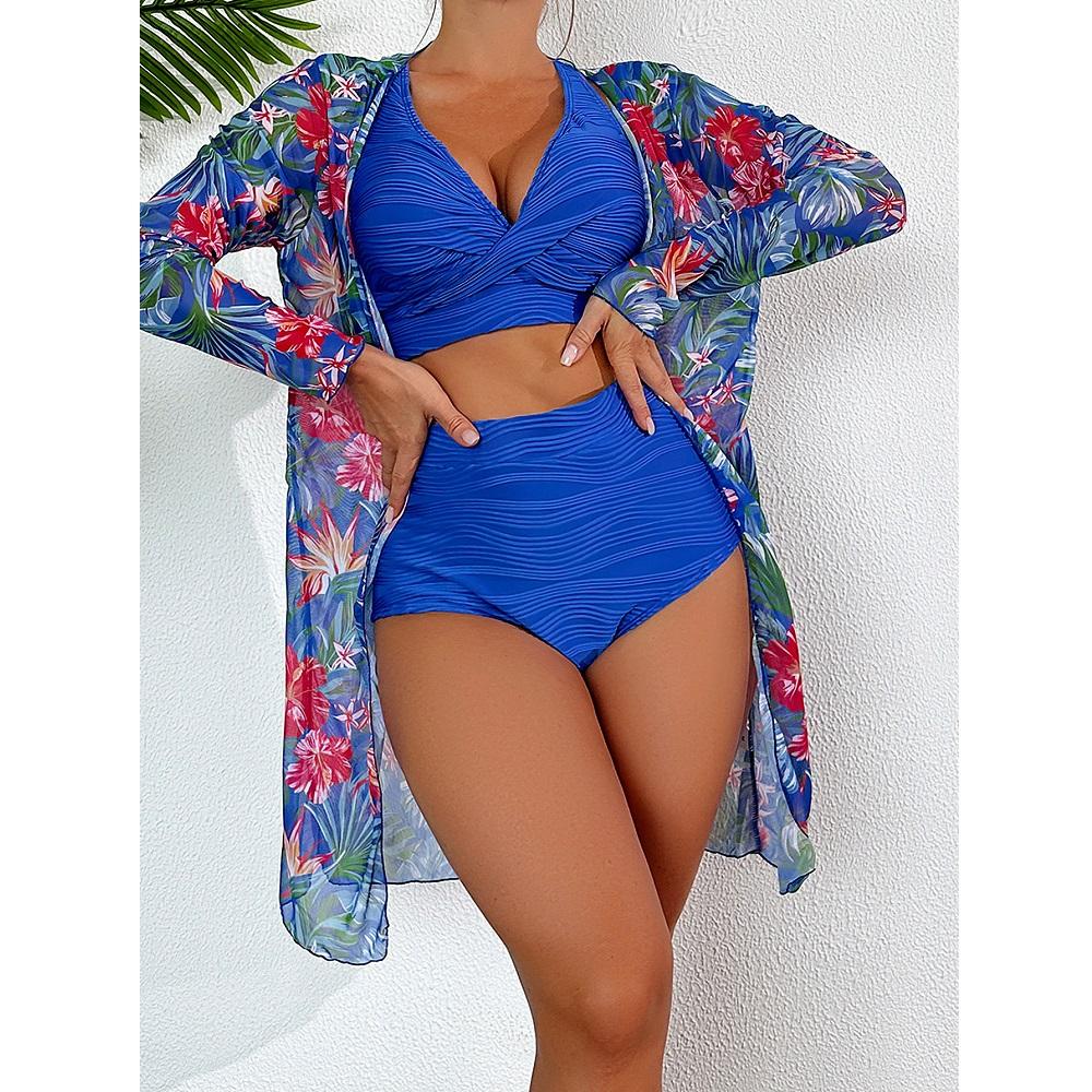 Kvinner tredelt bikinisett Høy midje shorts badedrakter Langermet utskrift Cover Ups Beach Biquinis feminino