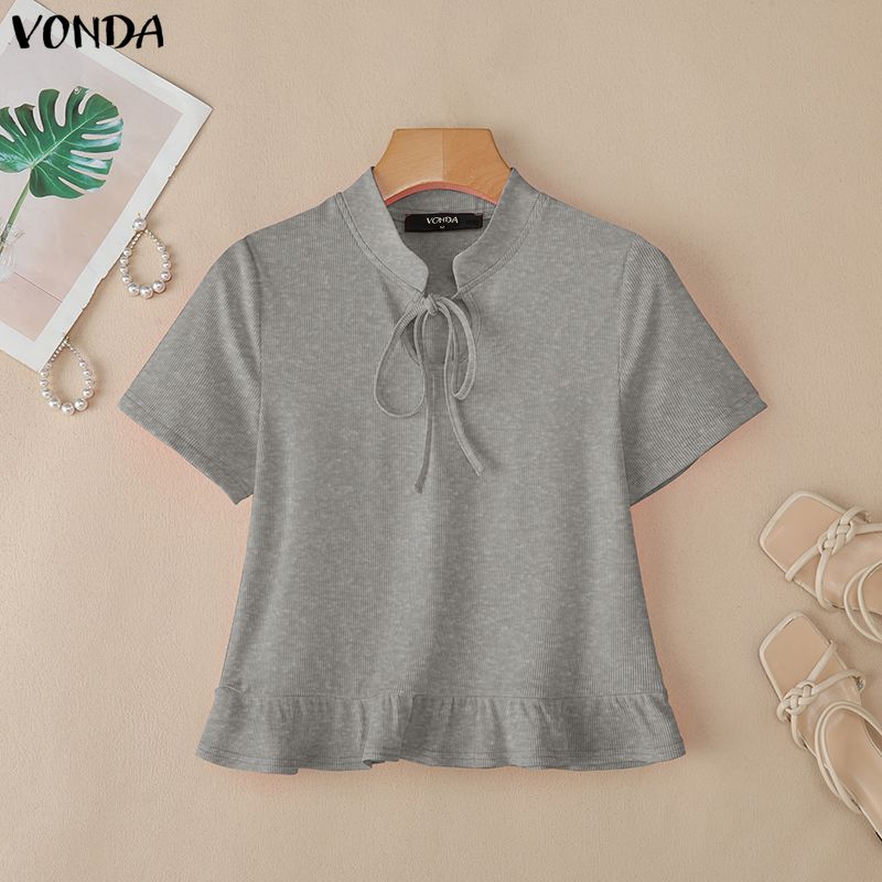VONDA Women Stand Neck Short Sleeve Bow Knot Rib Casual Cropped Blouse Tops