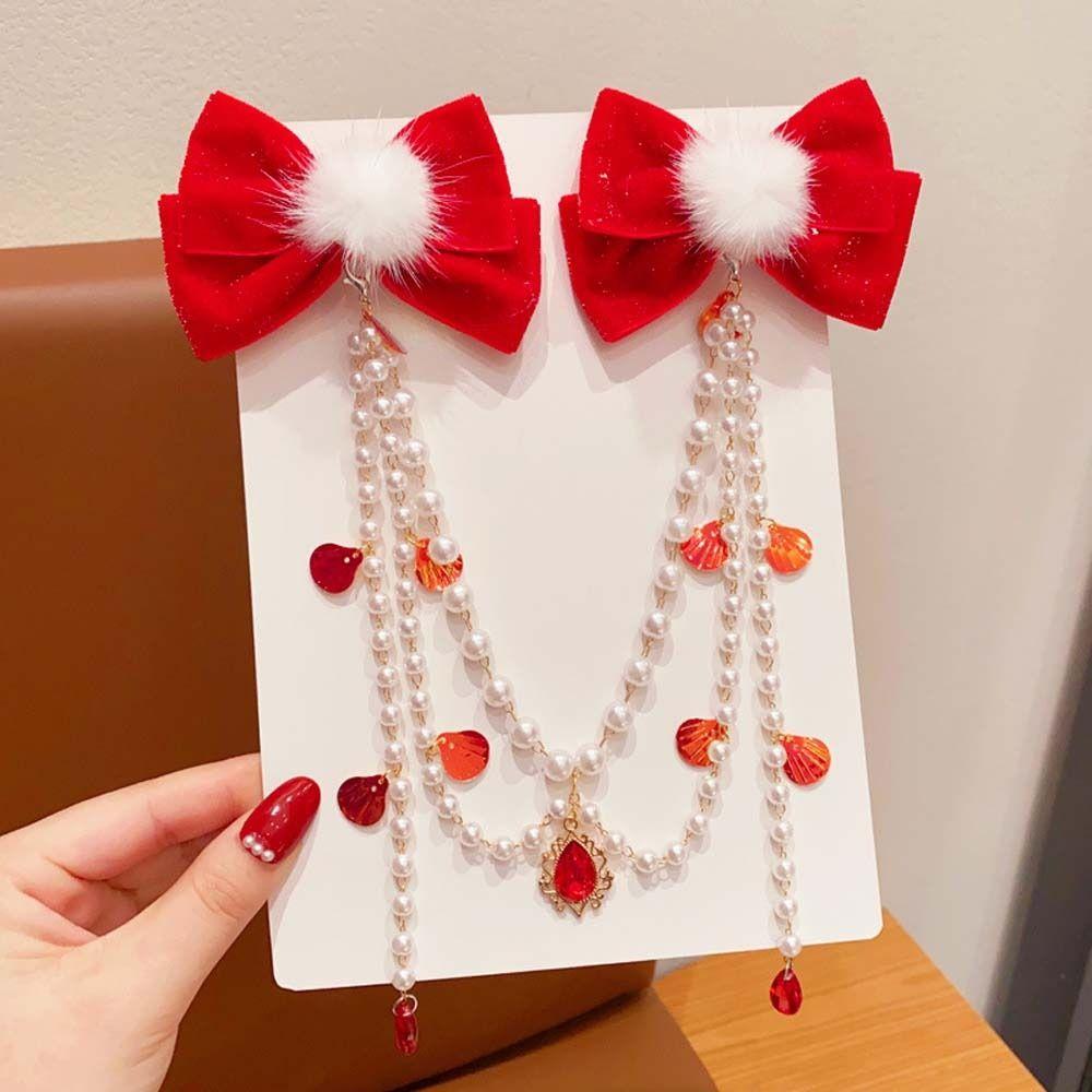 

Жемчужная цепочка с кисточкой, красная заколка для волос с бантом, украшение на голову, принцесса, цепочка на лоб, плюшевый шарик, заколка для волос, головной убор A