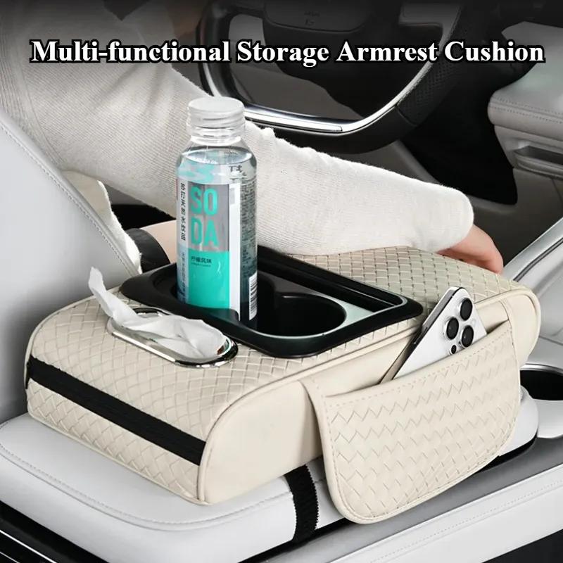 Car Armrest Cushion with Tissue Box Bottle Cup Holder And Phone Storage Pocket Auto Interior Arm Rest Pad for Truck Vehicle