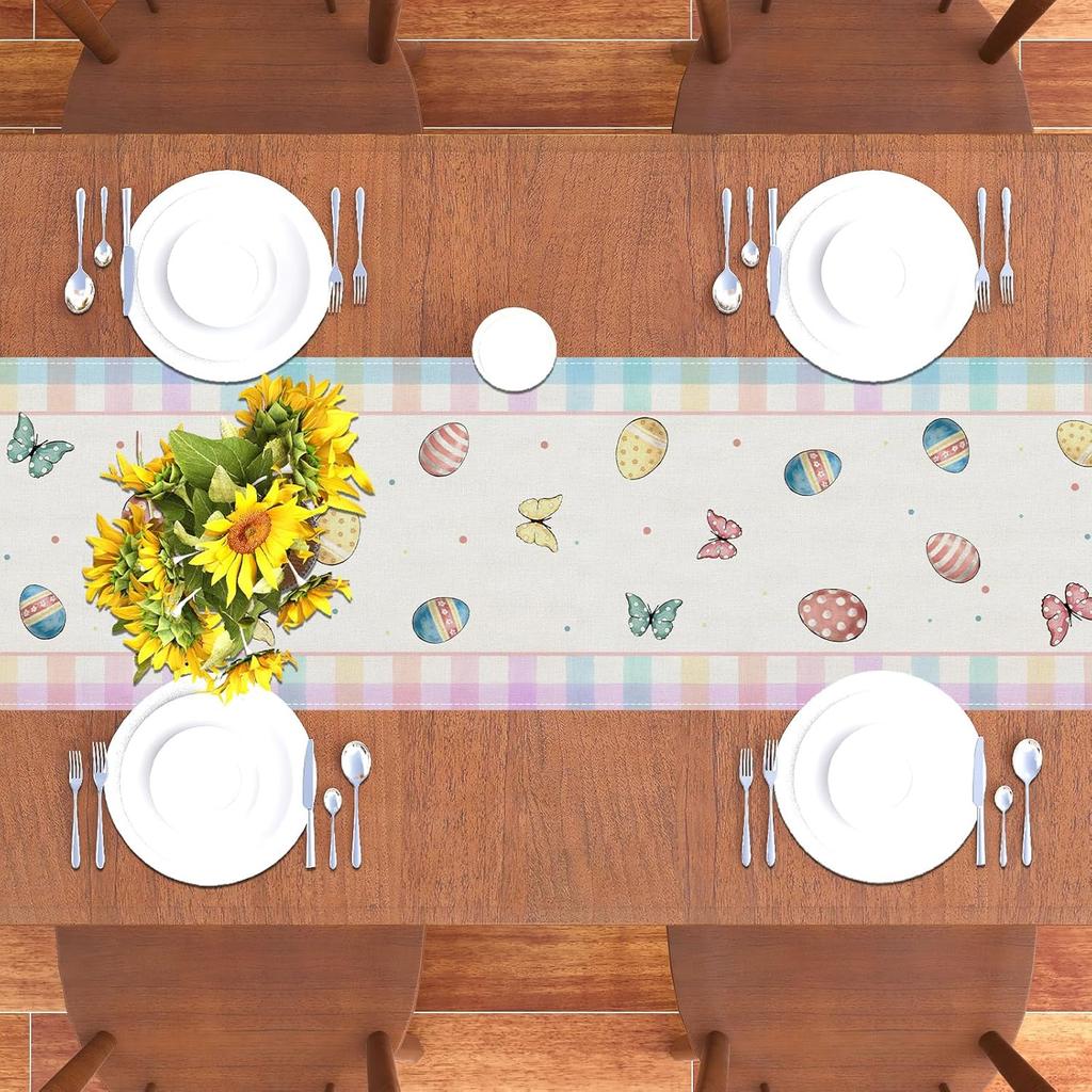 Happy Easter Table Runner Bunny Rabbit Watercolor Easter Eggs Flower Tablecloth Easter Spring Summer Party Decorations and Supplies for Home Kitchen