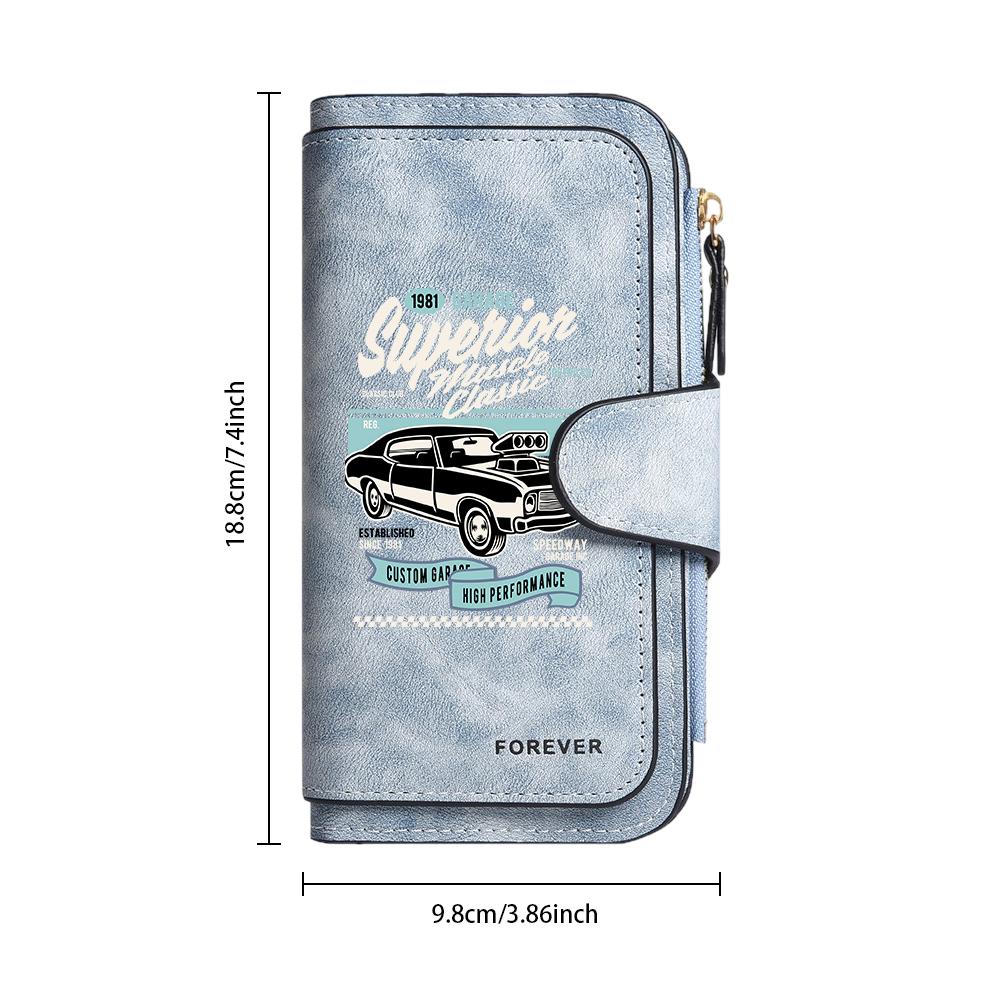Vintage Car Print Leather Long Wallet Multicard Slot Pocket Purse