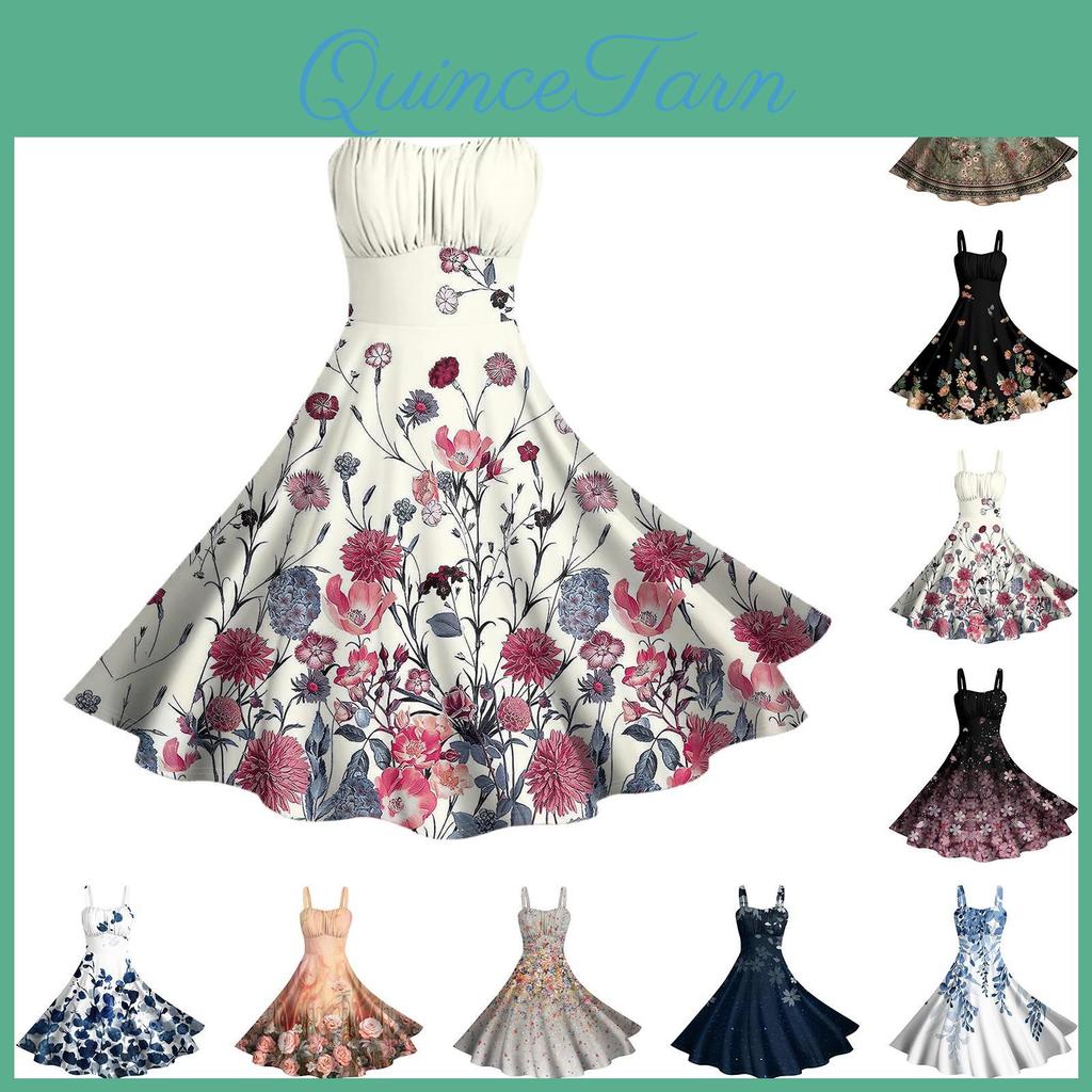 Patchwork Womens Pleated Vintage Sleeveless Cute Aline Hem Floral Print Dresses