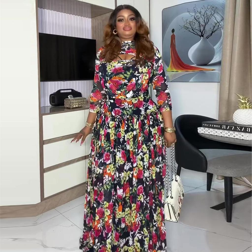 European and American Women's Clothing Summer African New Celebrity Style Hollow Waist Printing Dress Women