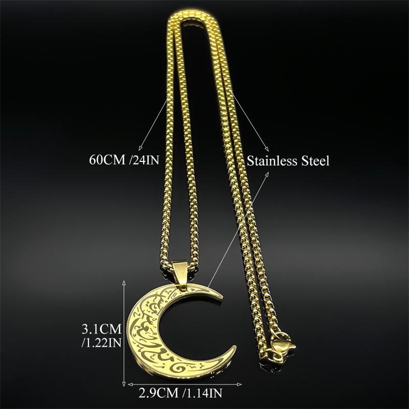 Collana Ciondolo Luna Crescente Islamica Musulmana per Donne Uomini Acciaio Inossidabile Colore Oro Catena Corano Arabo Gioiello Amuleto Regalo