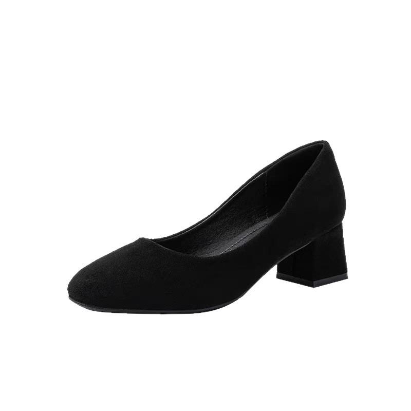 Black high heels 2025 spring and autumn new thick heel square head soft leather single shoes women's versatile professional shallow mouth OL work