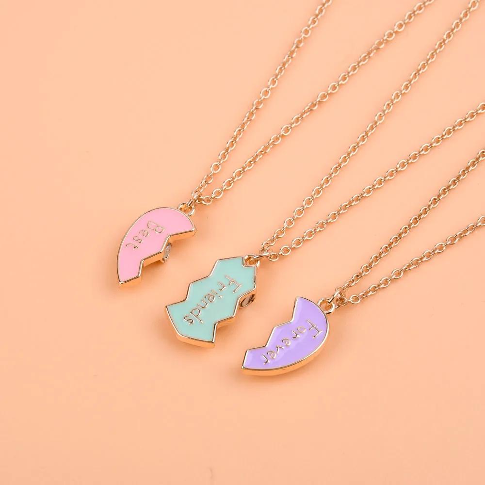 Lovecryst 3Pcs/set Cute 3-color Heart Broken Stitching Magnetic Best Friend Necklace for Girls BFF Friendship Jewelry Gift