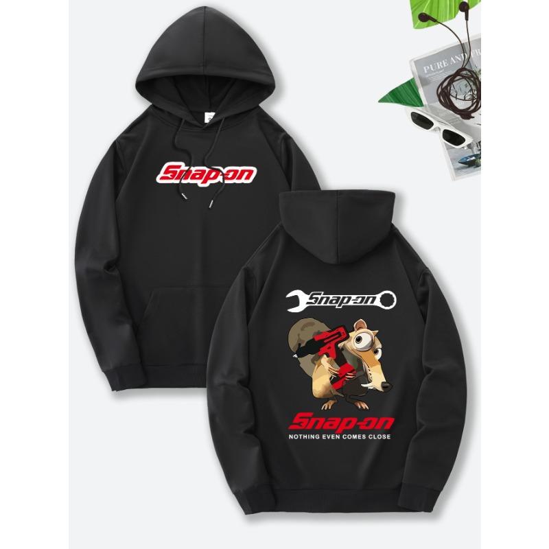 Wrench‑critter Men Hoodie Front Bold Red‑white Chest Text Print, Back Cartoon Squirrel with Wrench Graphic Pullover for Trendy Daily Street Outfits