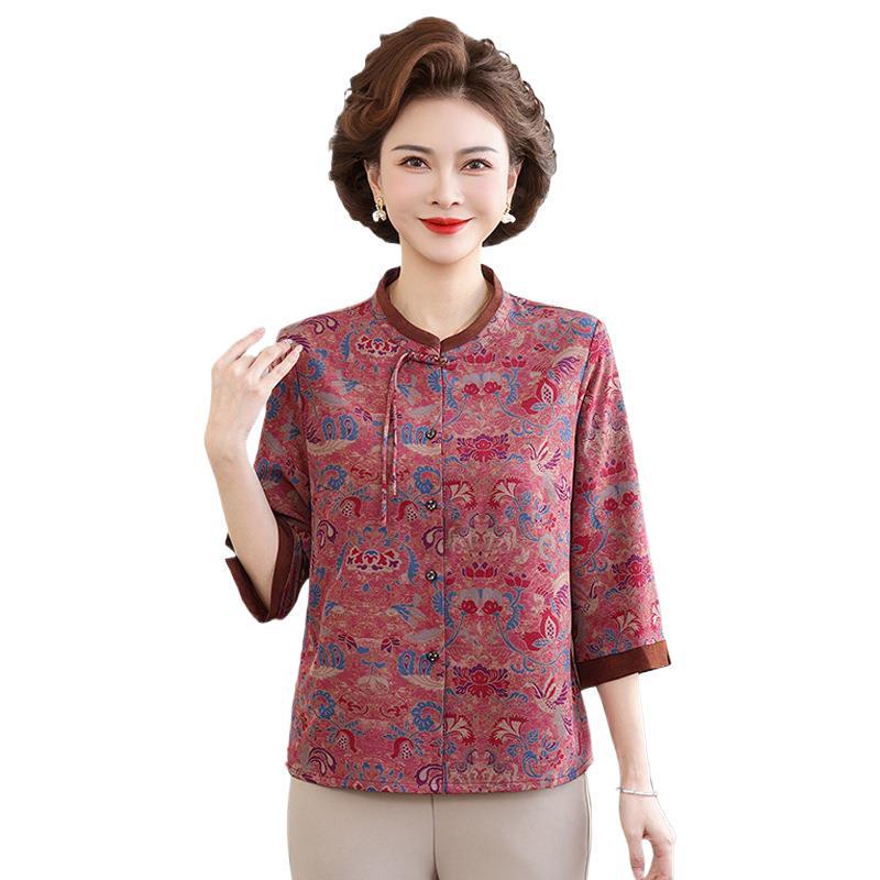 Women's Chinese-Style Printed Seven-Sleeve Shirt - Ideal for Mothers & Grandmothers