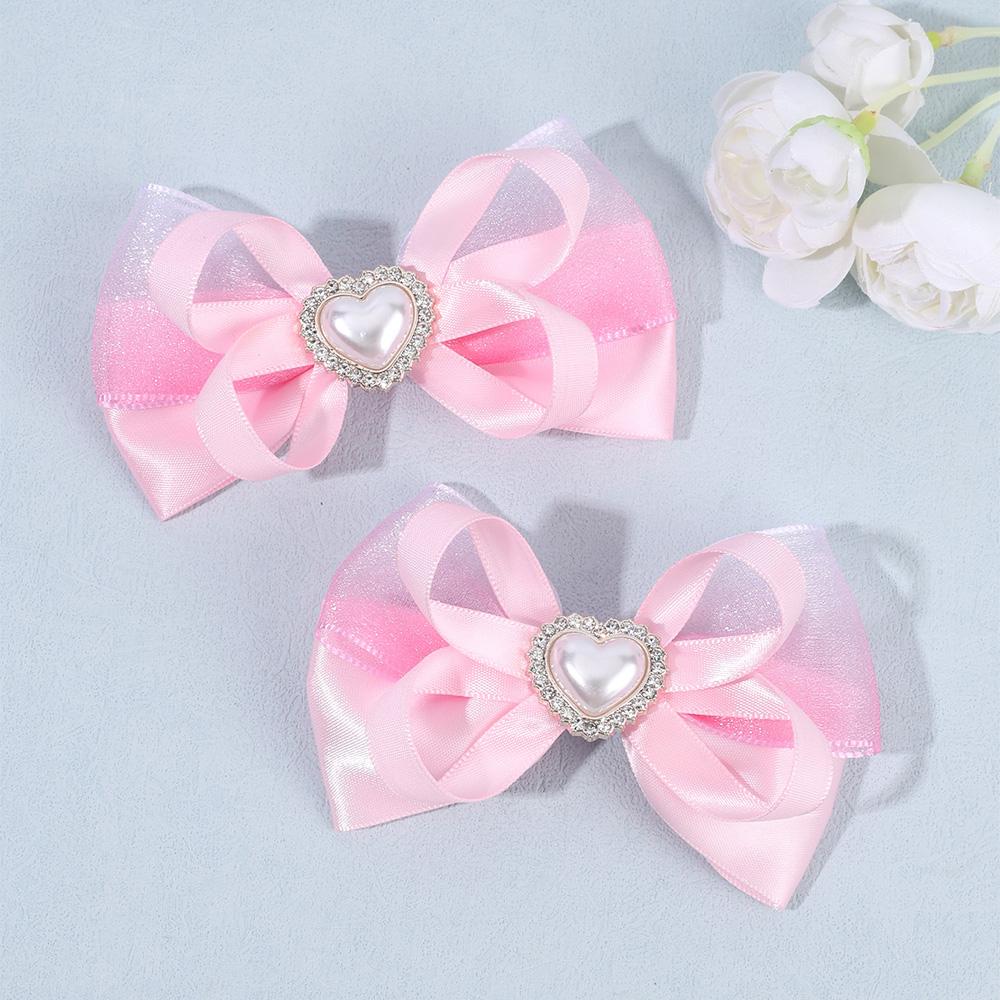

2Pcs Chiffon Bow Hair Accessory Sweet Pink Princess Barrette Kids Girl Simple Heart-shaped Rhinestone Bownot Hairpin Headwear
