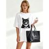 Oversized T Shirt Black Cat Print For Casual Wear