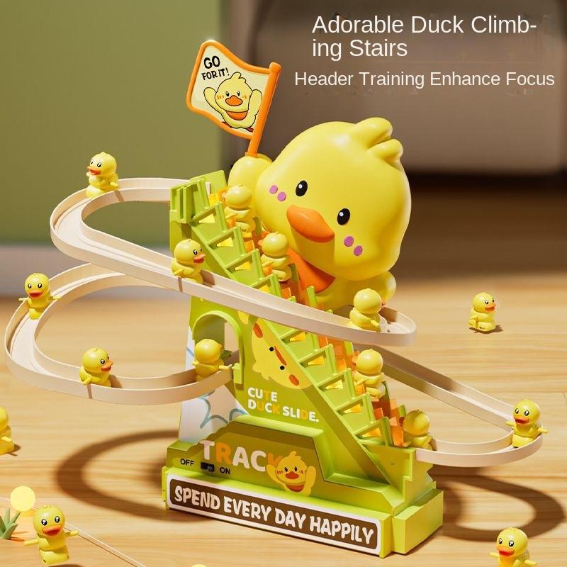 Electric Duck Climbing Stairs Toy with LED Lights Music Roller Coaster Track Slide Interactive Educational Toy for Kids Gift