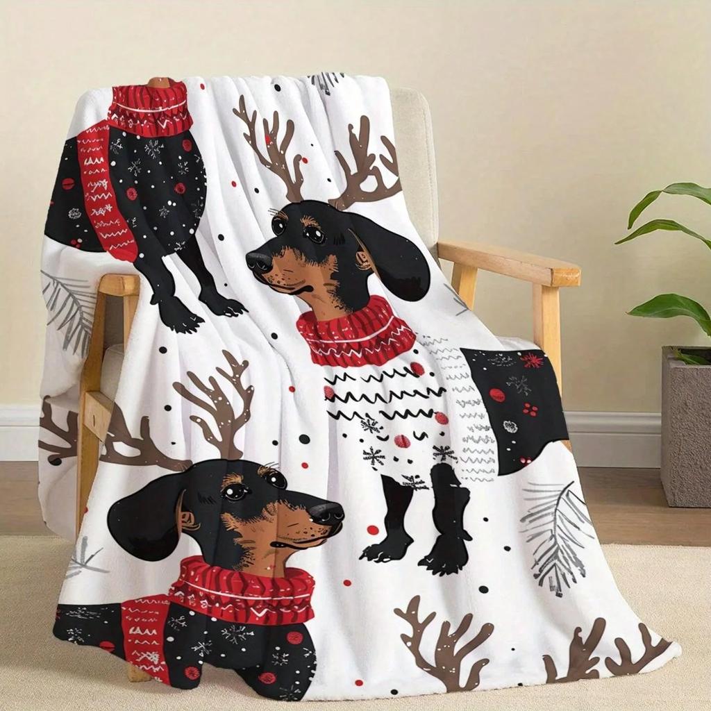 DachshundChristmas Flannel Blanket –Sausage Dog, Snow & Tree Theme, 2D Print, Soft for Bed, Sofa, Camping, Cozy Gift, Multi-Size