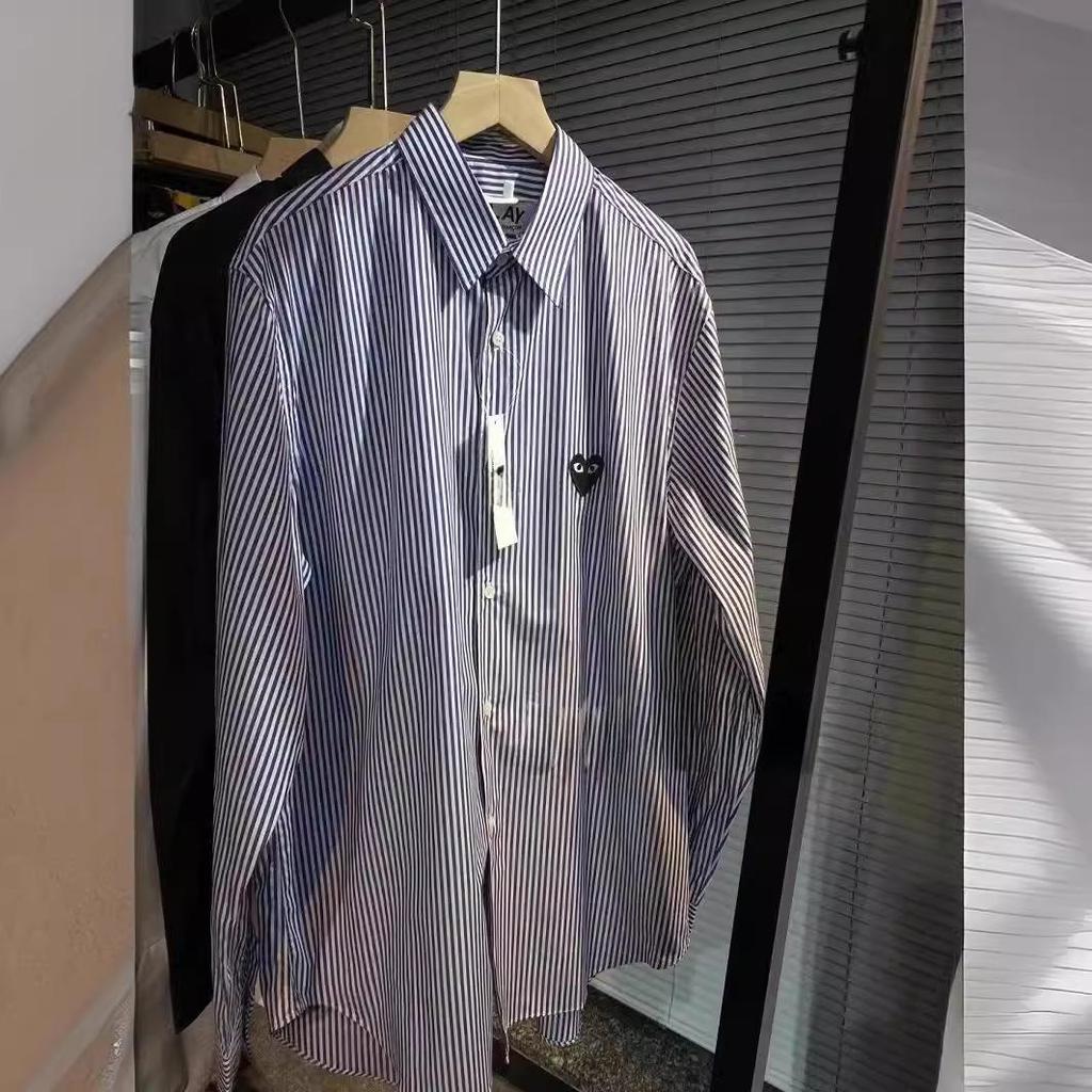 CDG Kawajiu Love Autumn/Winter Black Heart Striped Cotton Embroidered Couples Shirt