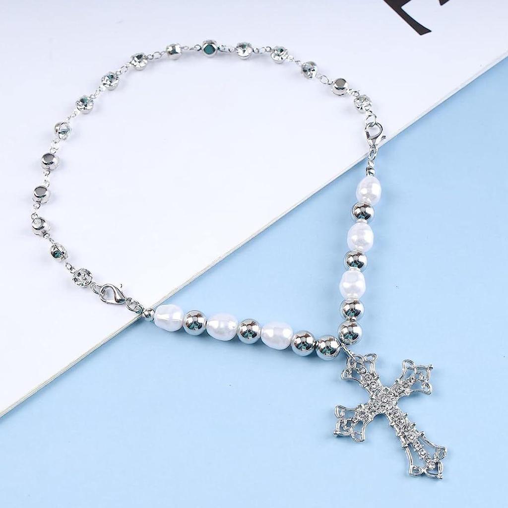 Crystal Cross Necklace for Women Girls, Big Pearl Stainless Steel Beads Necklace Choker, Cool Punk Cross Pendant Bling Chain Jewellery Gifts - Silver
