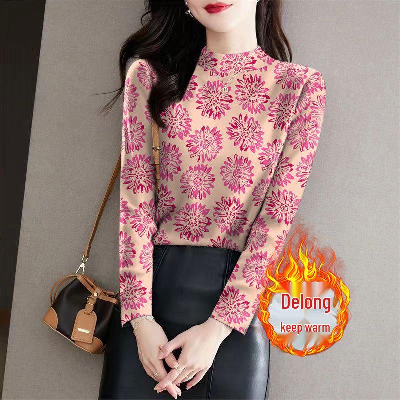 

Women s Floral Ribbed Fleece Base Layer Top, Semi-High Neck, Long Sleeve, Perfect for Autumn/Winter, Slimming and Versatile for Moms 3XL (135-150 lbs)